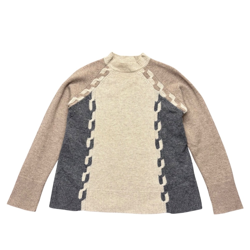 Alashan Women's Merino Wool Colorblock Mock Neck Sweater Tan Grey Cream Size M‎